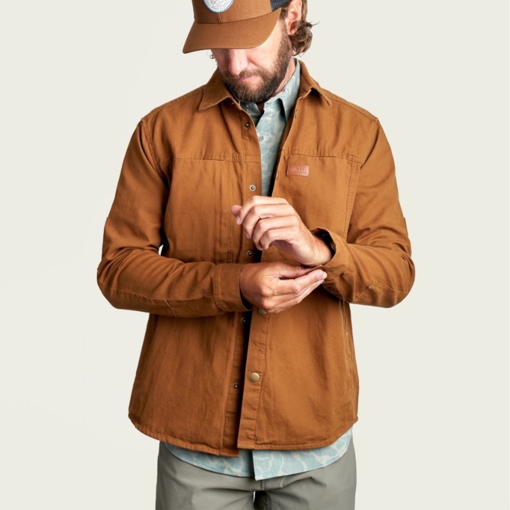Marsh Wear Delano Shacket Brown Washed Canvas Snap Jacket Camo Lined Size M